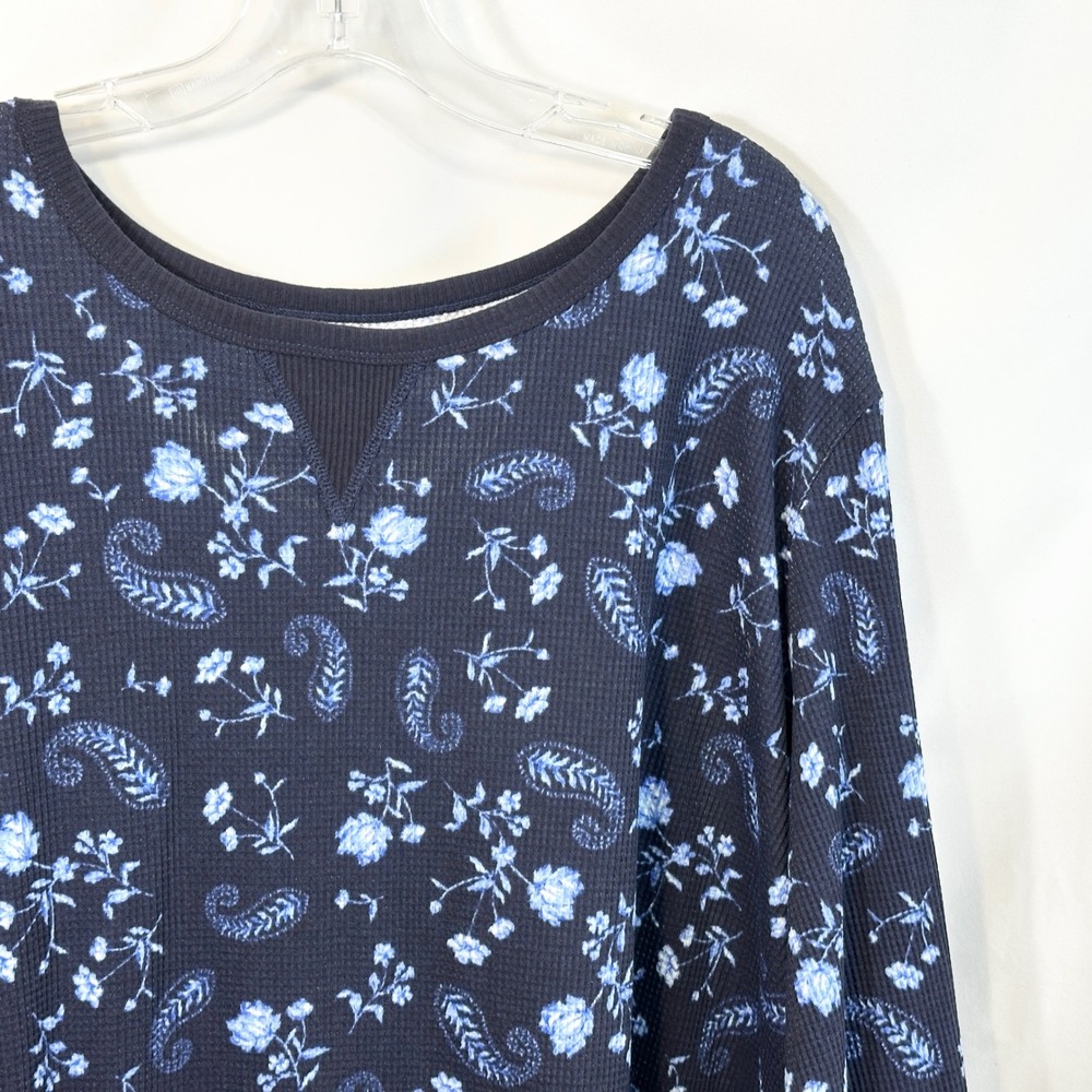 Woman‎ Within Plus Size 26/28W Thermal Top 2X Navy Blue Floral Waffle Knit 1532 - Picture 4 of 10